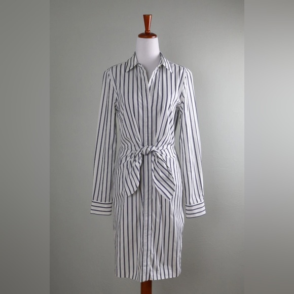 NEW Calvin Klein 100% Cotton Tie Waist Shirt Dress - White Blue Black Stripe  4 - Picture 2 of 13
